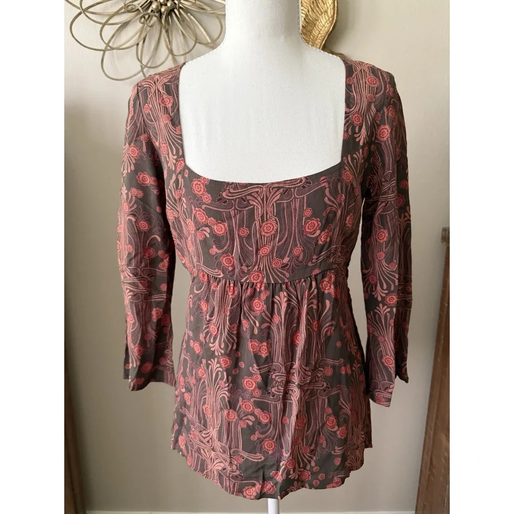 Flynn Skye Floral‎ Boho Top Womens S Brown Rust Red Square Neck Long Sleeve